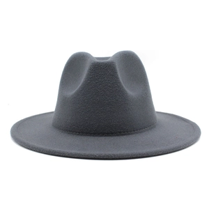 Detail view of the deep gray wool felt fedora with a structured crown and flat wide brim