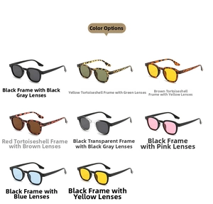 Detail view of vintage round sunglasses in multiple frame colors and lens tints