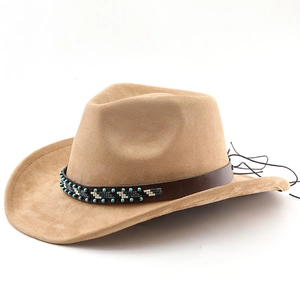 Bohemian suede western cowboy hat in camel brown with beaded leather band accent