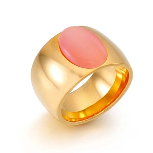 Ovaler Katzenauge Stein Ring Aus Edelstahl Breites Band Poliert Retro Mode Streetwear Schmuck Für Damen