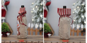 Side and back view of burlap Christmas wine bottle gift bags with snowman embroidery