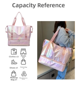 Pink waterproof travel bag detail featuring bottom shoe compartment and pearly texture
