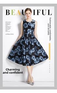 Detail of dark blue floral print on black sleeveless A-line dress with jacquard fabric