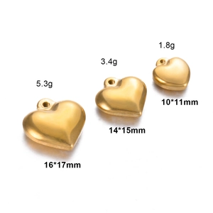 Three sizes of polished gold stainless steel heart pendants with dimension and weight details