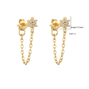 Gold flower earrings with micro-inlaid zircon and elegant dangling fringe chain design