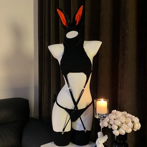 Sexy black backless knitted bunny cosplay lingerie set with ears and stockings on mannequin