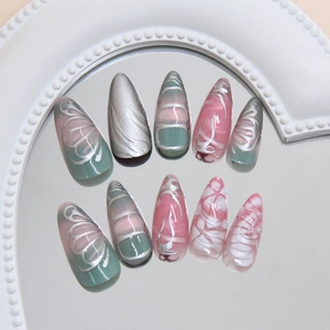 Green and pink press on nails with 3D silver wavy texture and almond shape style