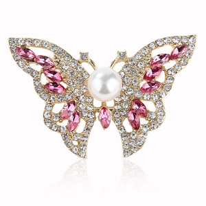 Butterfly Brooch Alloy Pin With Sparkling Rhinestone And Large Faux Artificial Pearl Elegant Clothing Accessory For Women Jewelry