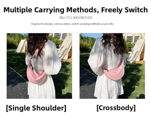 Detail view of pink nylon crescent bag showing crossbody and shoulder strap adjustments