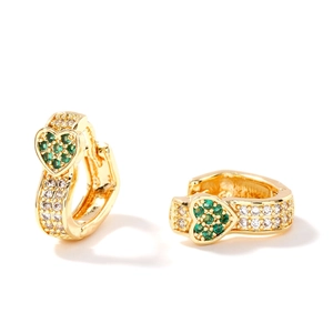 Elegant gold heart earrings set with green and white cubic zirconia crystals