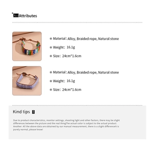Detail showing bohemian braided rope bracelet with natural stone and technical specifications