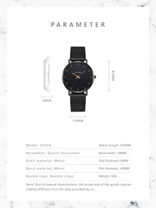 Detailed sizing chart and technical specifications for YOLAKO men's minimalist mesh watch