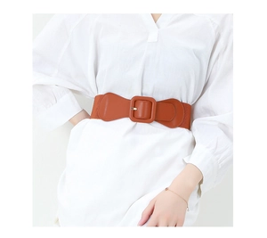Close-up of brown elastic waist belt with leather square buckle for dress styling