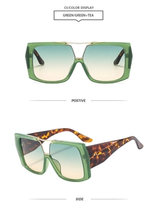 Detail of green square aviator sunglasses with leopard print temples and gradient lenses
