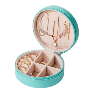Portable round PU leather jewelry box in Tiffany blue with zipper and necklace hooks