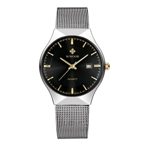 Men's silver mesh quartz watch with black dial and gold indices featuring date calendar