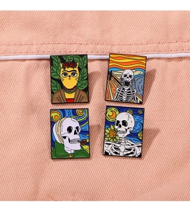 Detailed set of four enamel pins featuring artistic parodies of Van Gogh and Munch paintings