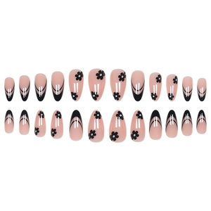 Almond shaped press-on nails with black flower patterns and French tips 24pcs set