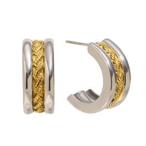 Créoles en C rétro dorées 18 carats avec motif corde torsadée et finition bicolore
