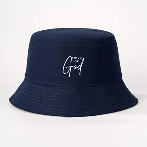 Detail of CHILD OF God embroidery on navy blue twill cotton bucket hat for summer