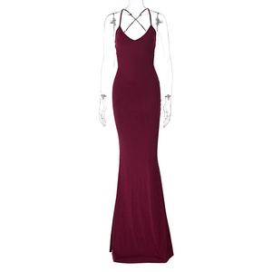 Detailed front view of deep V-neck wine red backless long dress on transparent mannequin