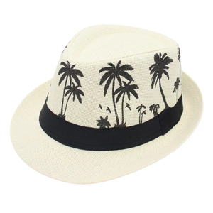 Panama straw hat with black palm tree patterns and elegant grosgrain ribbon trim