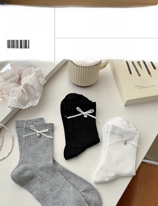 Detailed knit texture of cotton crew socks with white bows and silver heart charms