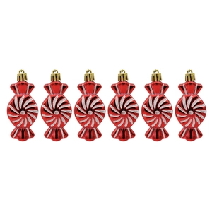 Set of six red candy-shaped Christmas tree ornaments with white swirl patterns