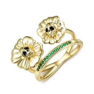 Vintage 18K gold S925 silver skull sunflower open ring with green zircon stones