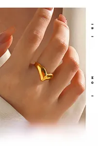 Polished gold V-shaped minimalist ring on model finger showing elegant streamlined design
