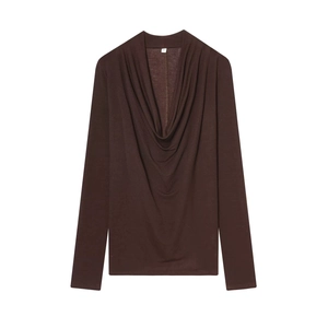 Damen Langarmshirt mit Wasserfallausschnitt in Kaffeebraun aus hochwertigem Strickstoff