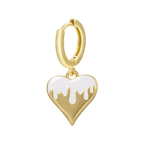 Detailed close-up of golden heart earring with white melting enamel drip effect