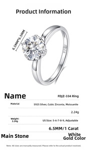 Detailed specs of S925 silver 1ct moissanite ring with dimensions and material info