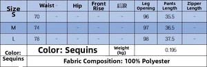 Detailed size guide for sequin mini skirt showing waist and length in centimeters
