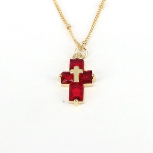 Hip hop gold necklace featuring a luxury double-layer red zircon cross pendant