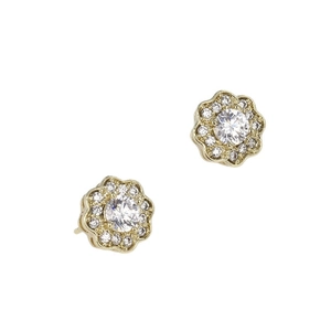 14K gold plated flower stud earrings with sparkling round zircon center and halo