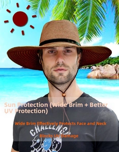 Détail d'un chapeau de soleil en paille à large bord avec cordon anti-UV extérieur