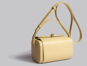 Vue détaillée d'un sac boîte en cuir crème avec boucle métallique et rabat élégant