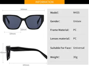 Detailed size chart for M435 cat eye sunglasses showing frame dimensions and specs