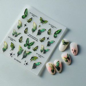 Green 5D embossed butterfly nail stickers with gold accents for 3D manicure art