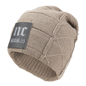 Outdoor winter warm knitted beanie hat in beige with black leather patch for men and women