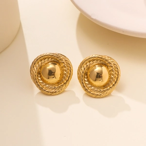 Detailed close-up of 18k gold-plated stainless steel round earrings with textured rope edges
