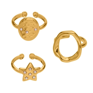 18k gold plated stainless steel open ring set with star charms and sparkling white crystals