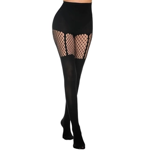 Detail of high waist black fishnet tights featuring unique three-stripe mesh patchwork