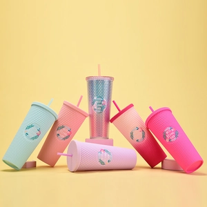 Set of 710ml studded plastic tumblers with straws and Best Mom Ever printed logo