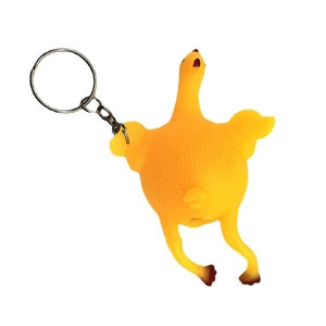 Funny yellow squeezy chicken keychain with textured PVC surface and silver key ring