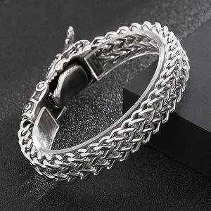 Detail of a men's stainless steel dragon bracelet featuring an intricate dragon head clasp