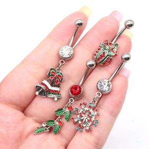 Christmas belly button ring set with snowflake and Santa charms in colorful zircon stones