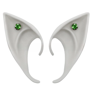 Detailed view of white latex elf ears featuring a green round rhinestone embellishment