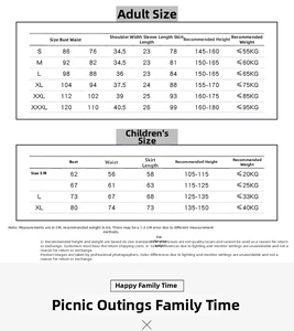 Detailed size chart for black and white maid costumes for adults and children in CM